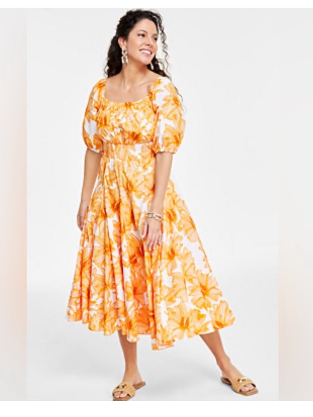 INC International Concepts Orange and White Floral Midi Dress